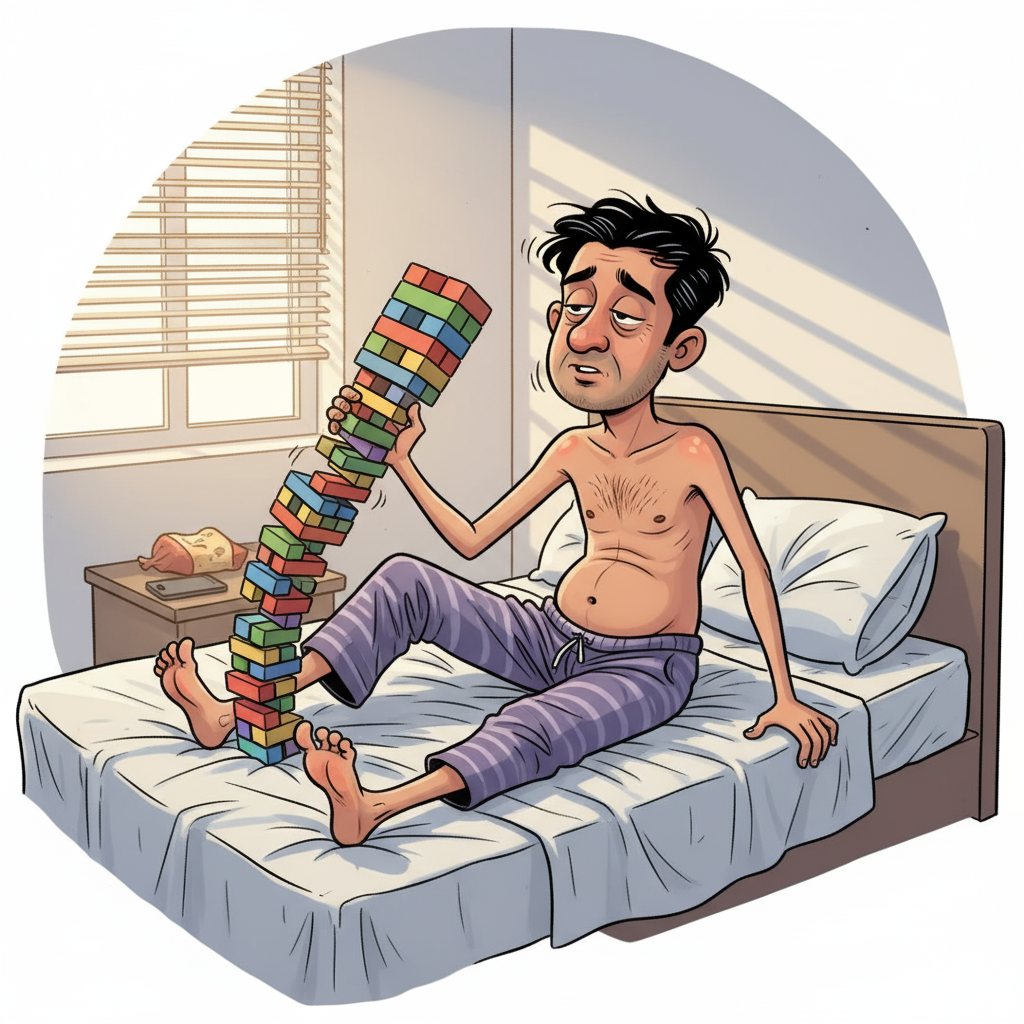 Indian man with back pain like wobbly tower