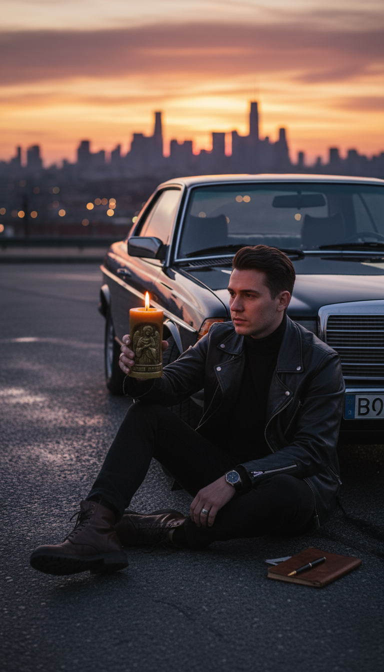 Человек с свечой у Mercedes W123, городской закат, уличная философия.