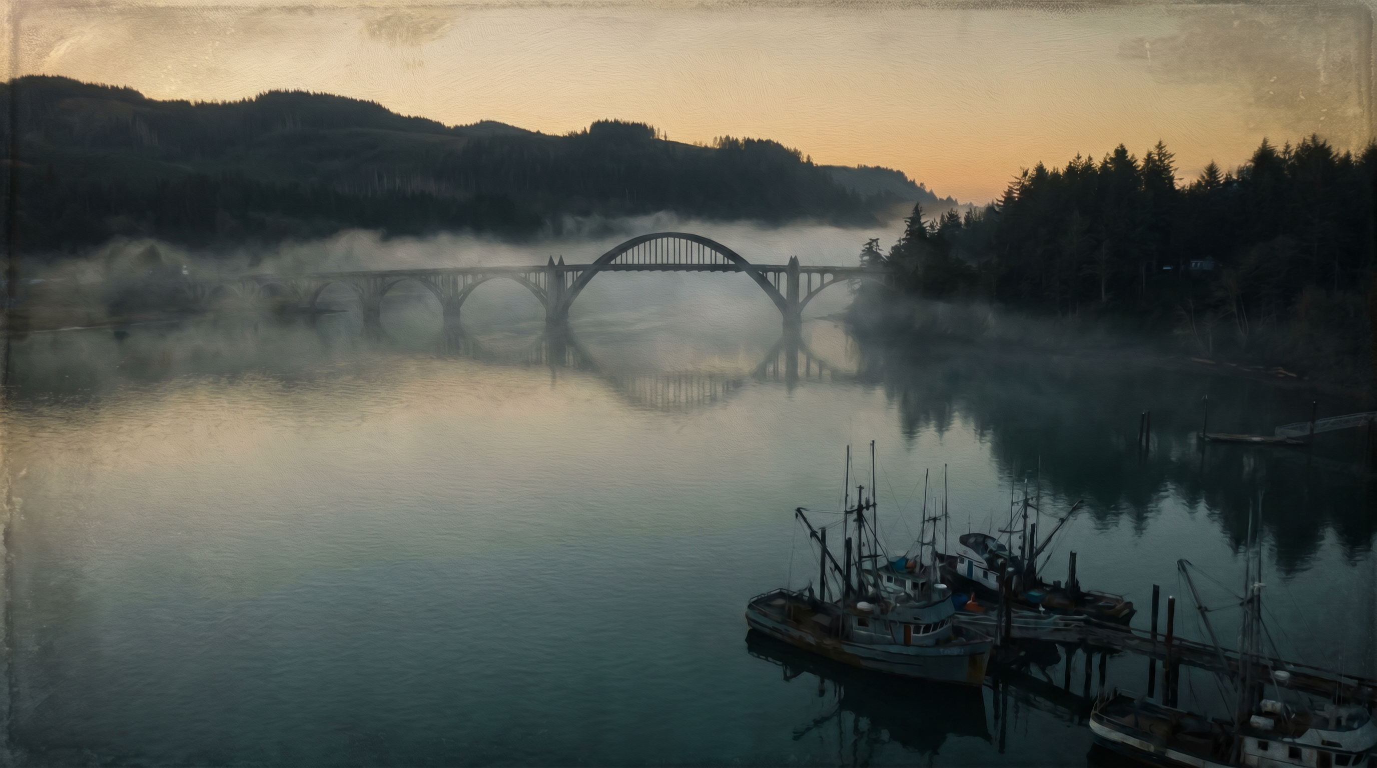Fog over Alsea Bay at dusk with fishing boats and the bridge receding into mist