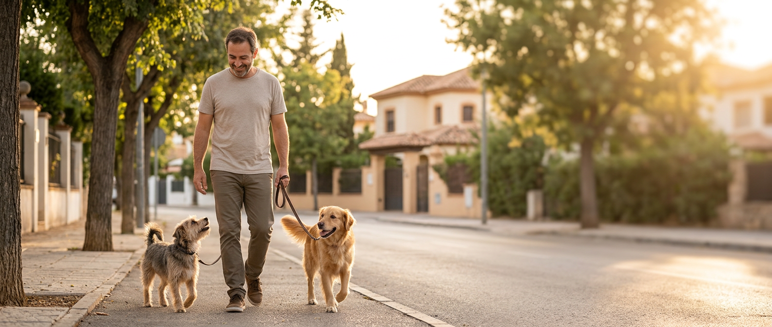 Hombre paseando dos perros en un barrio residencial tranquilo
