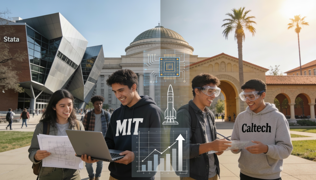 Реалистичная иллюстрация MIT и Caltech с улыбающимися студентами-инженерами и акцентом на карьерный рост.