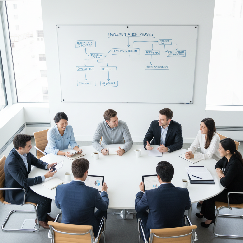 Professional AI training workshop with structured implementation roadmap on display