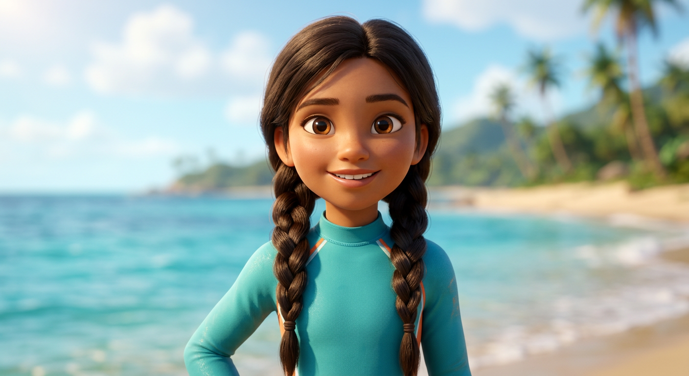 Kayla — 9-year-old adventurer with dark braided hair and teal rash guard