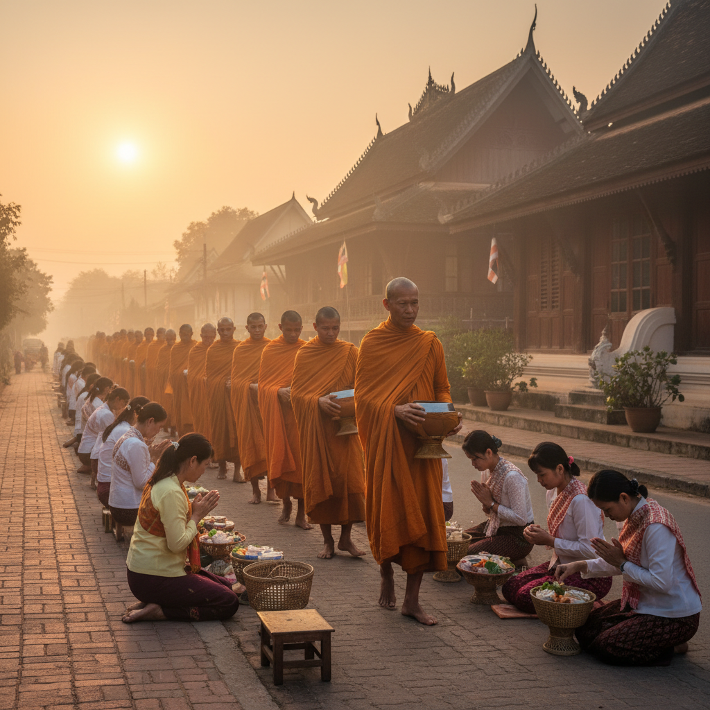 The sacred Alms Giving Ceremony at dawn in Luang Prabang where centuries-old Buddhist traditions continue daily