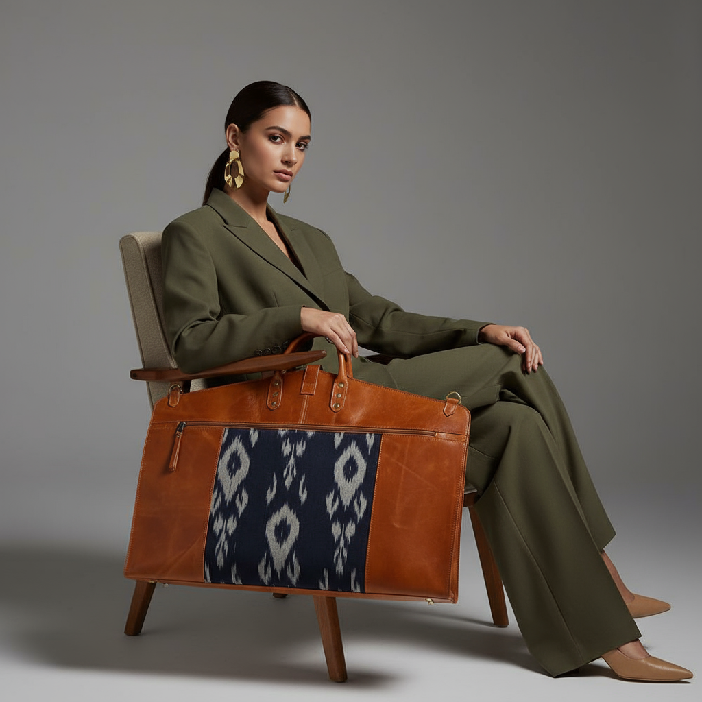 Editorial photo: woman with tan leather and blue ikat garment bag, luxury studio setting