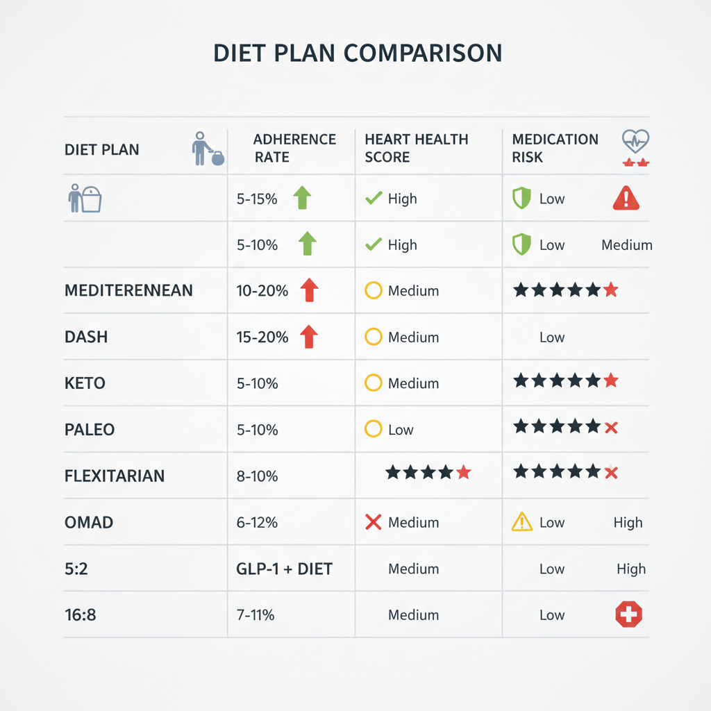 Ultra high-res, clear infographic: diet comparison by weight loss, adherence, heart health, and medication risk.