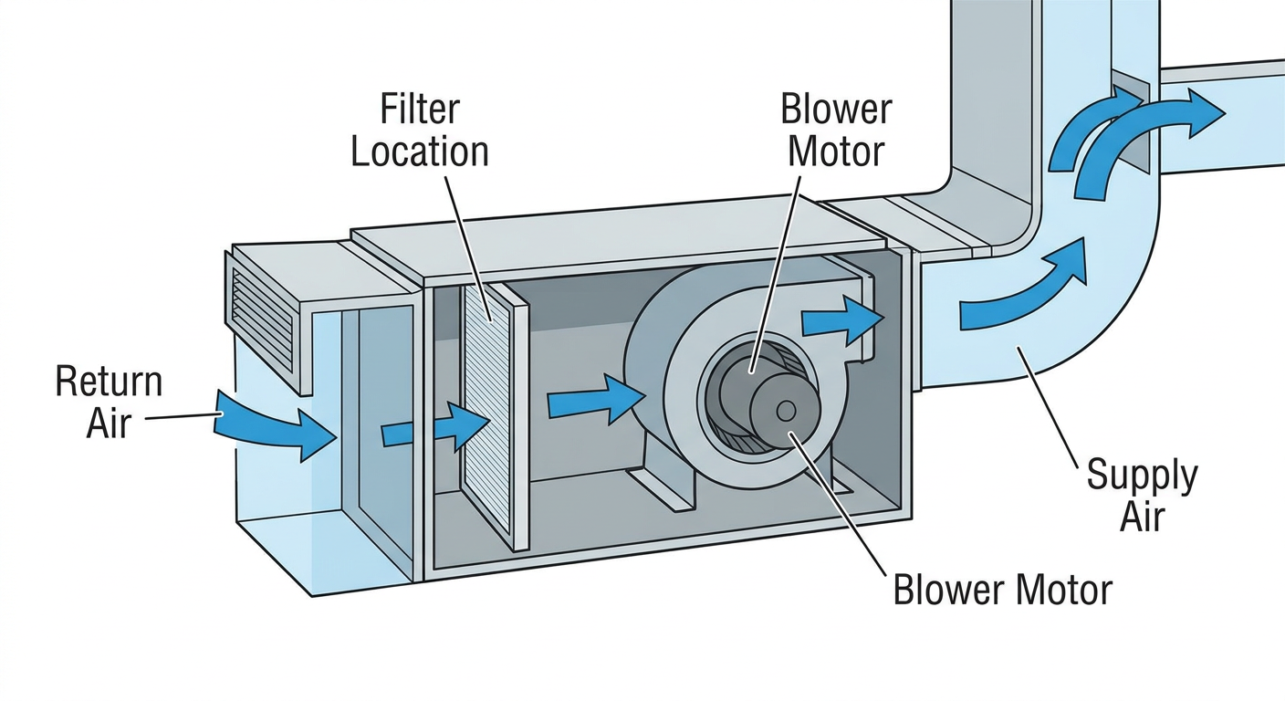 HVAC airflow direction diagram showing proper filter placement
