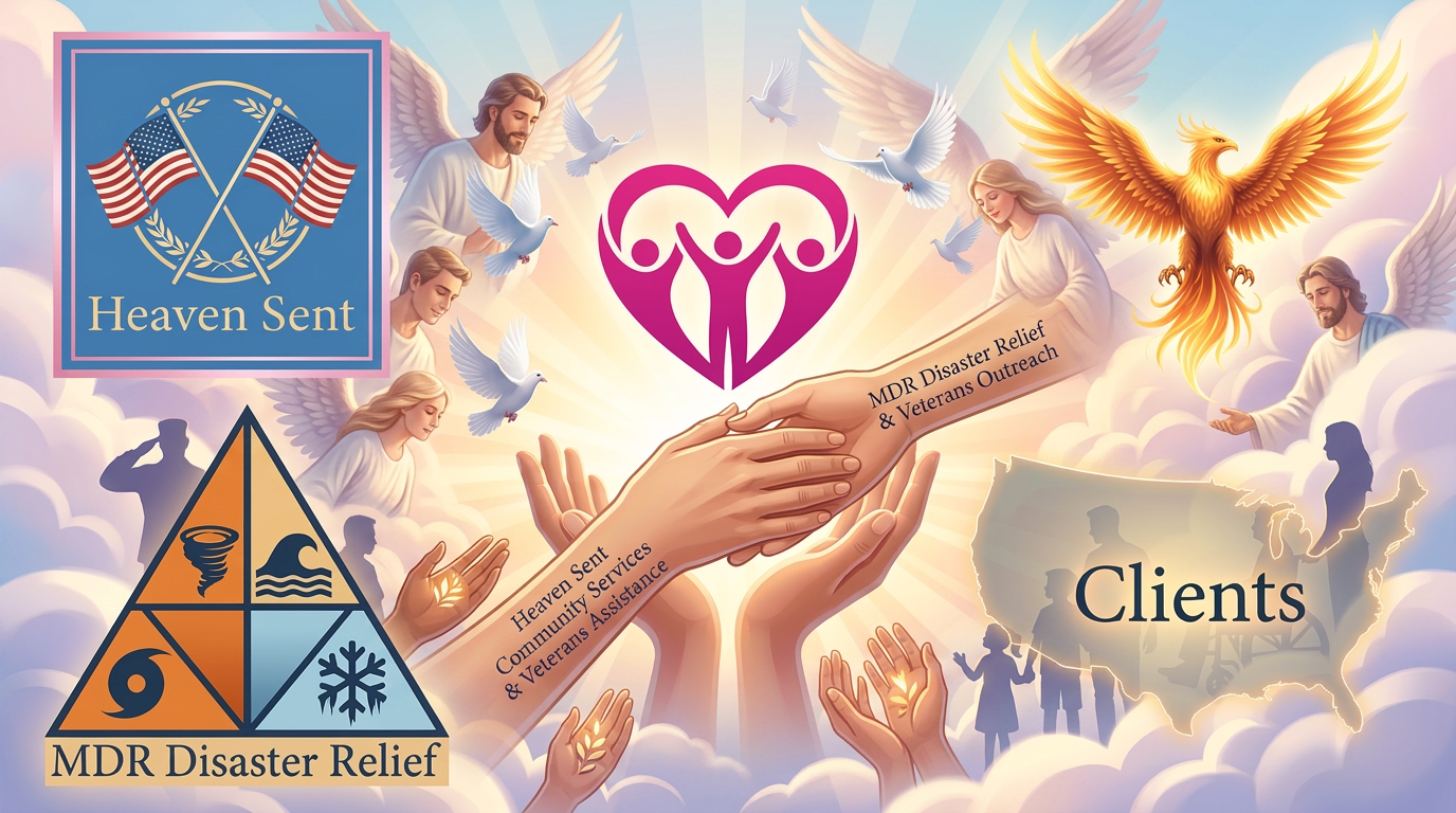 Heaven Sent legacy banner with bright clouds, heart, phoenix, MDR triangle, and clients map