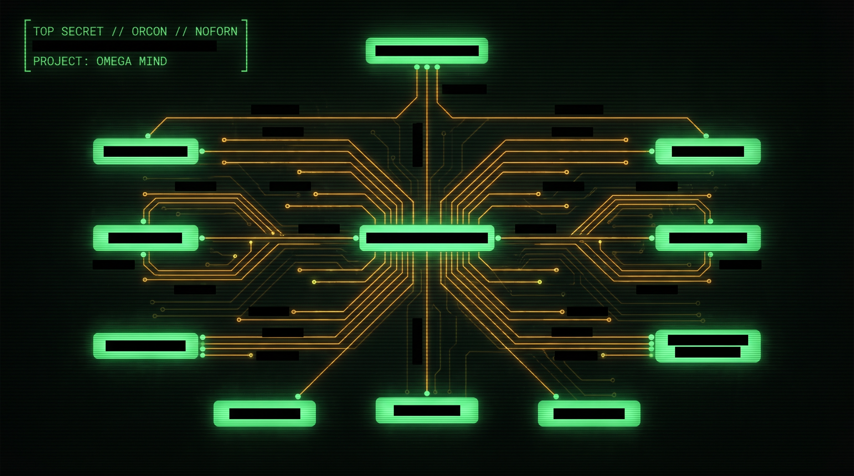 AI agent org chart visualization showing glowing nodes connected by classified document lines