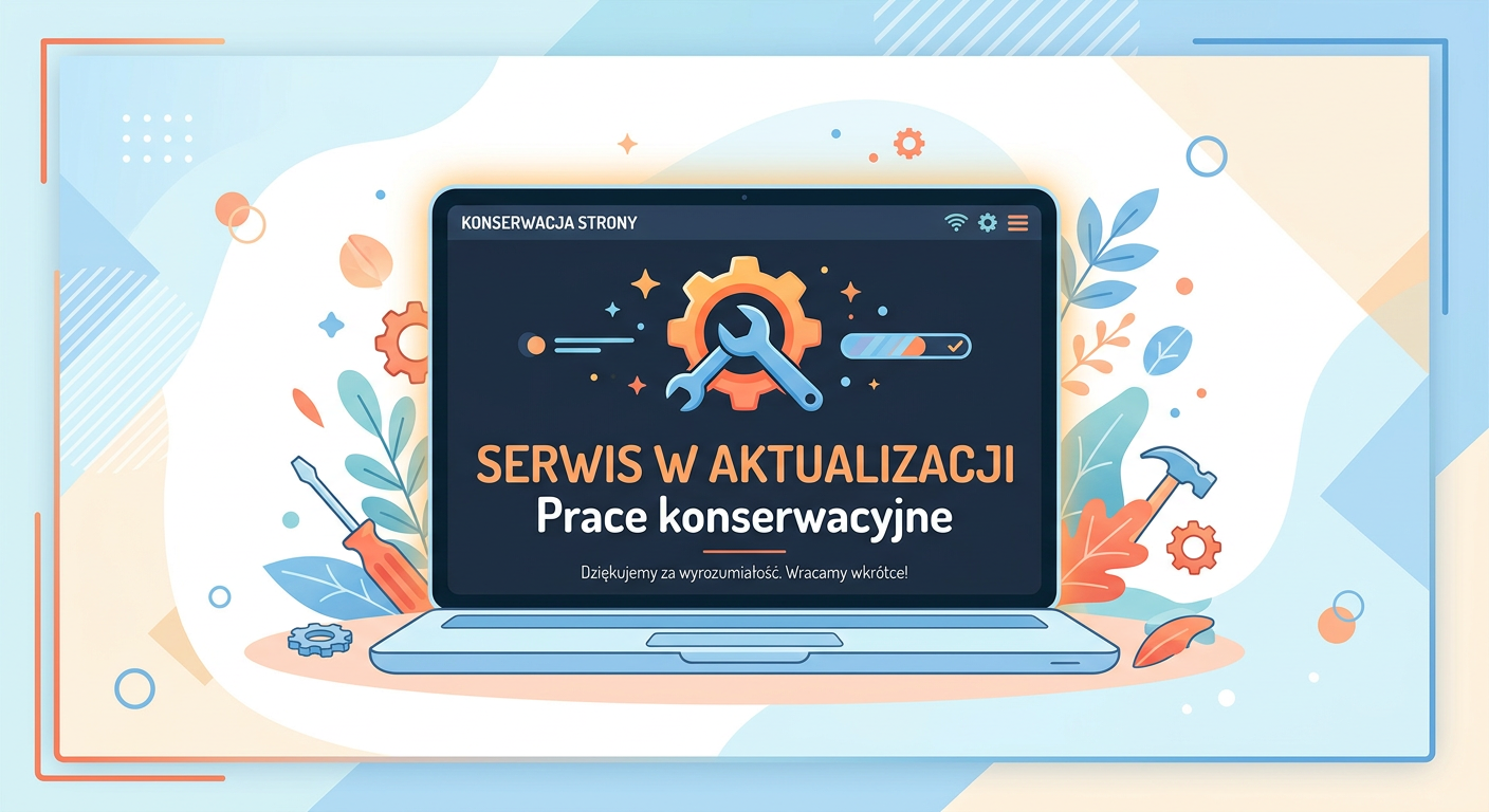 Ilustracja: laptop z kluczem i zębatką, tekst ‚Serwis w aktualizacji’ i ‚Prace konserwacyjne’