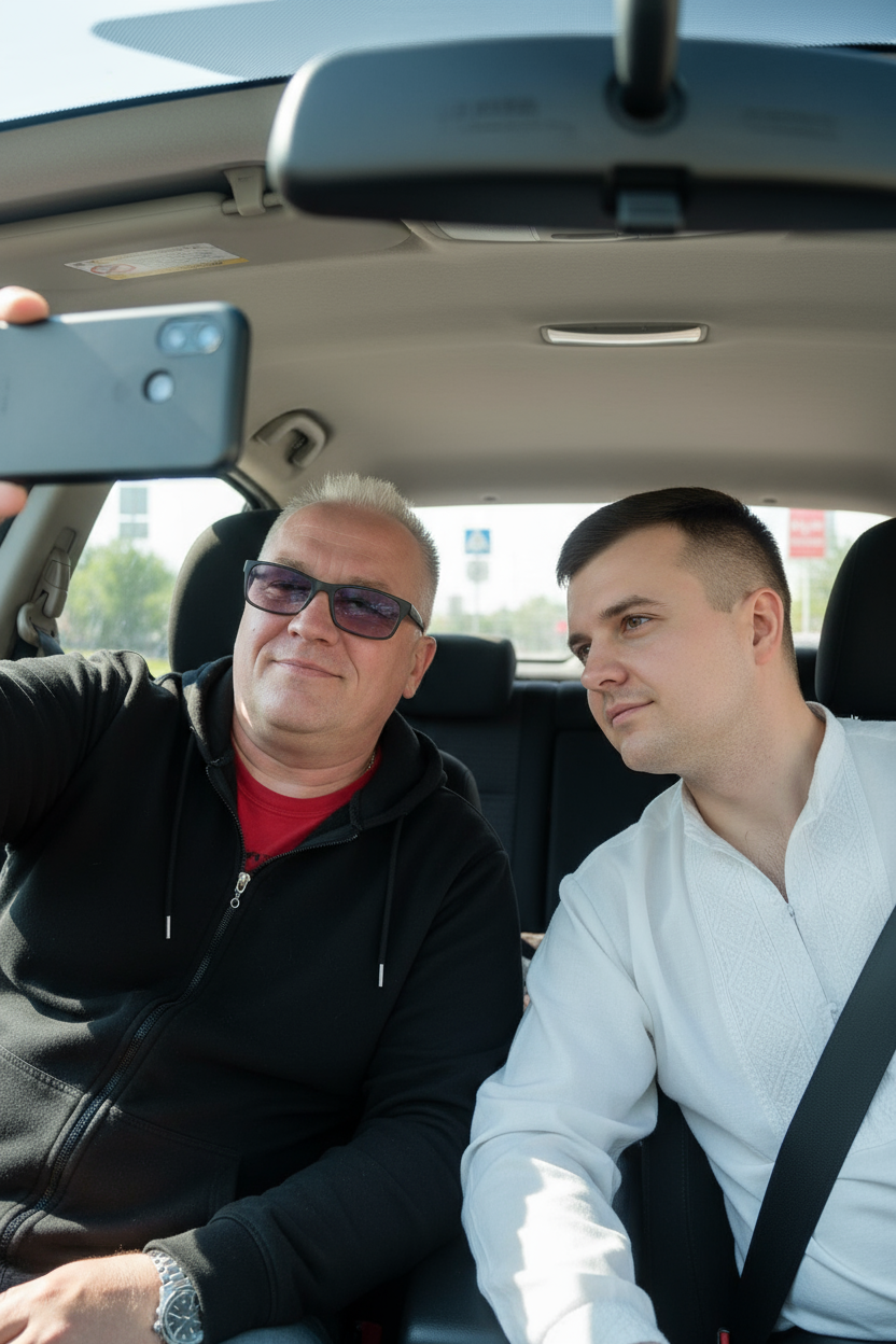 Совместное селфи двух мужчин в автомобиле при дневном свете