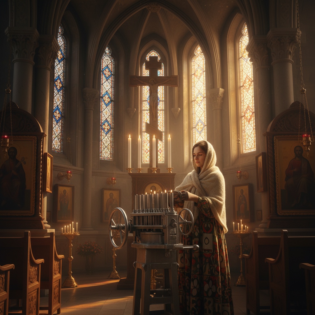 Orthodox style church scene with woman holding a candle making machine