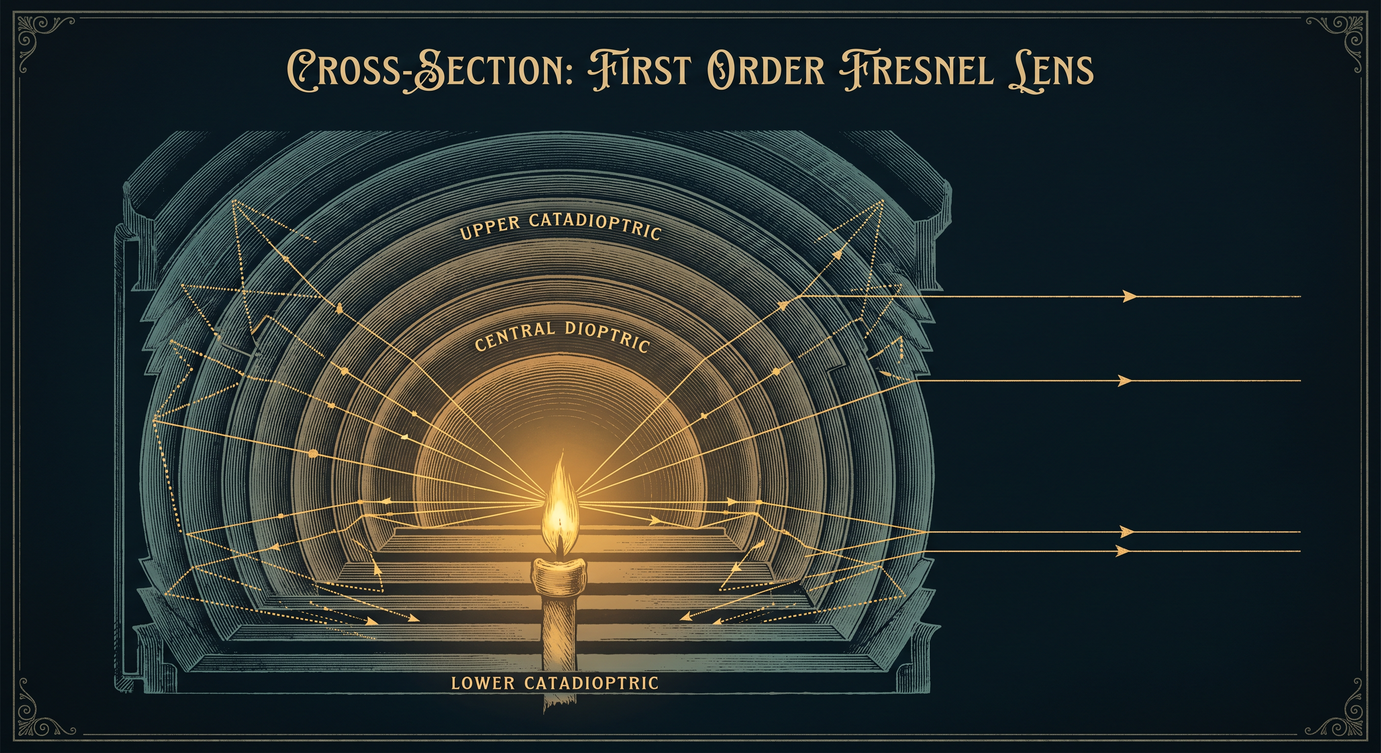 Cross-section illustration of a First Order Fresnel lens showing concentric rings of hand-ground glass prisms catching amber light and redirecting it into a single horizontal beam