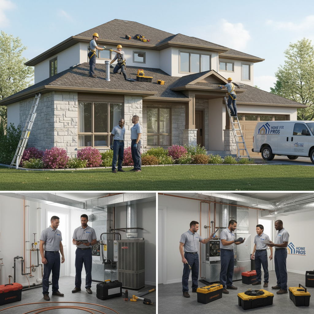 A professional home services team fixing HVAC, plumbing, and roofing in a modern suburban home.