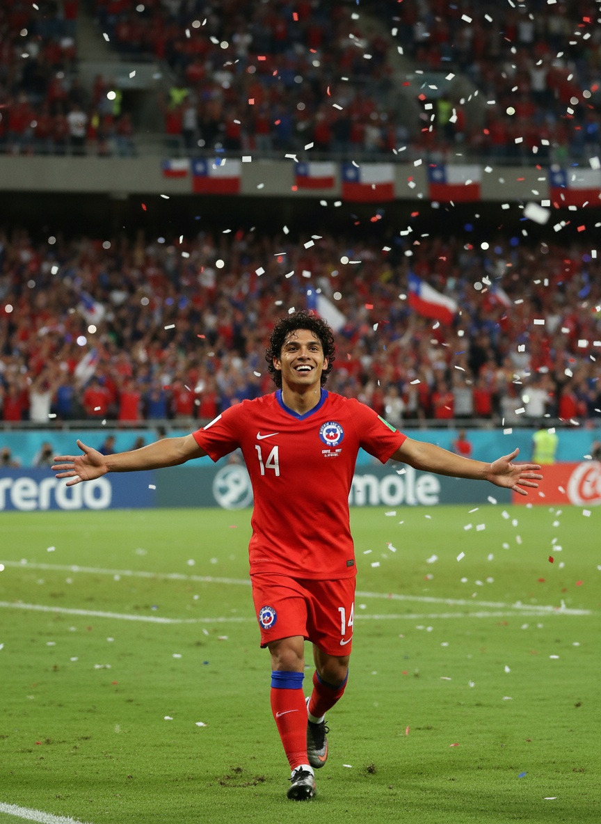 Matías Fernández celebrando un gol con la selección chilena en el Estadio Nacional de Santiago, con su rostro real.