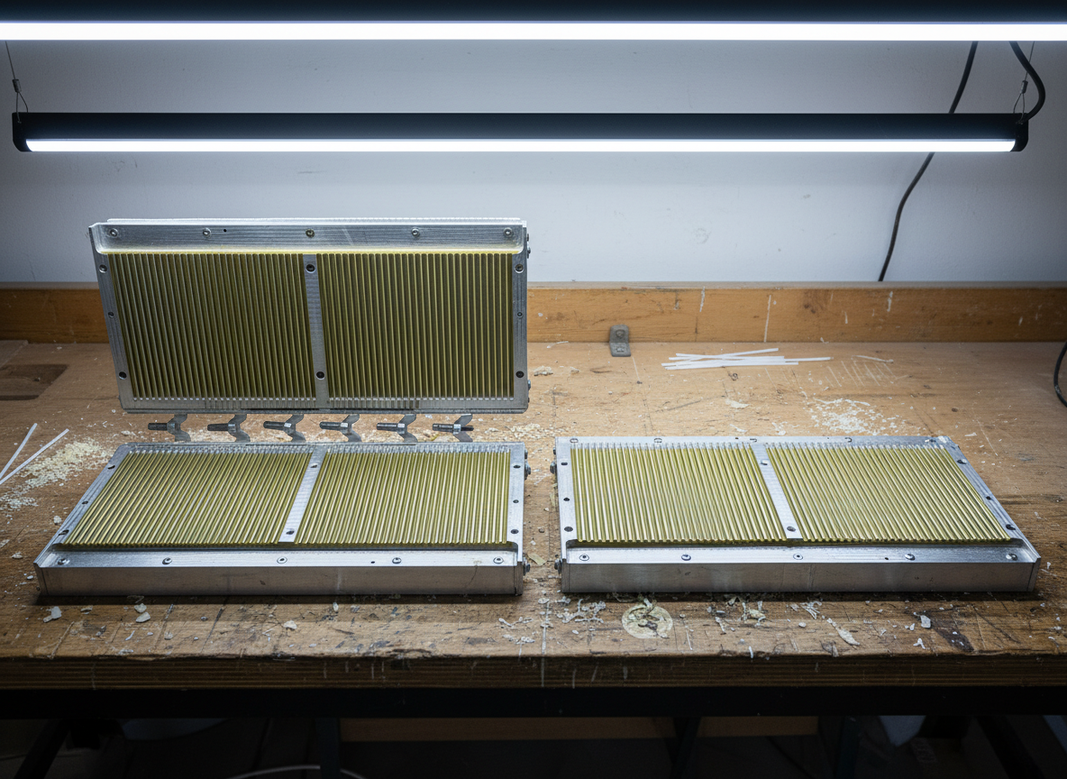 Алюминиевые формы для церковных свечей на столе мастерской.