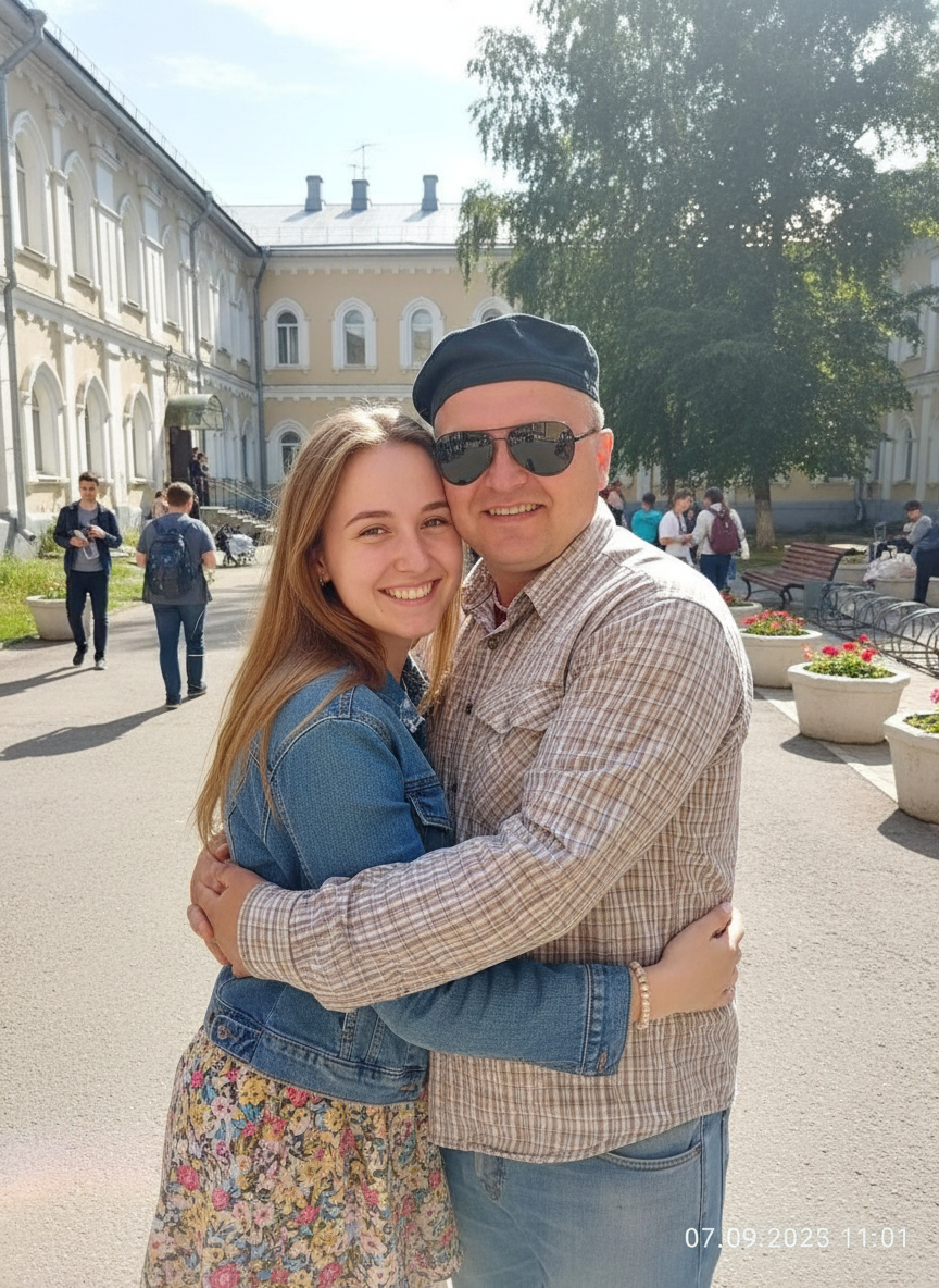 Realistic selfie with two people hugging, lively dormitory background, natural lighting.