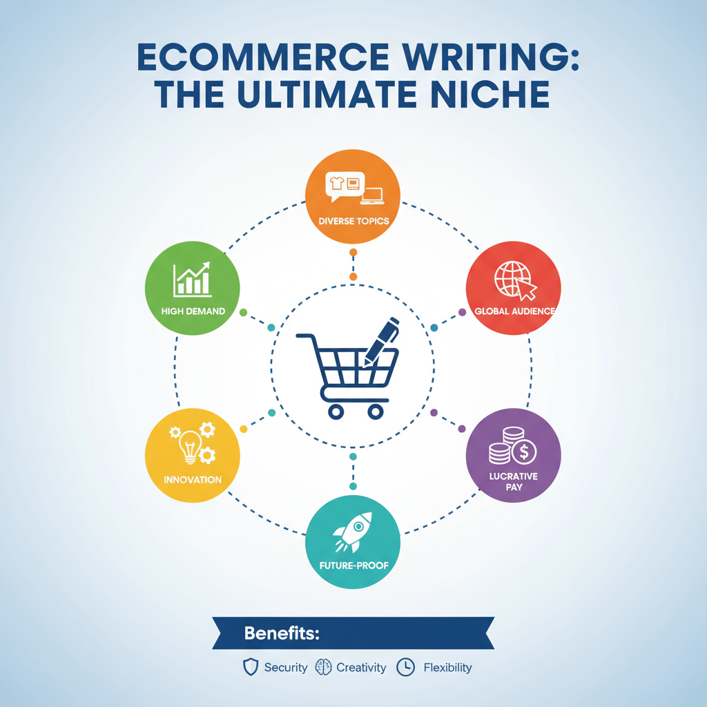 Infographic showing benefits of ecommerce writing niche for content writers.