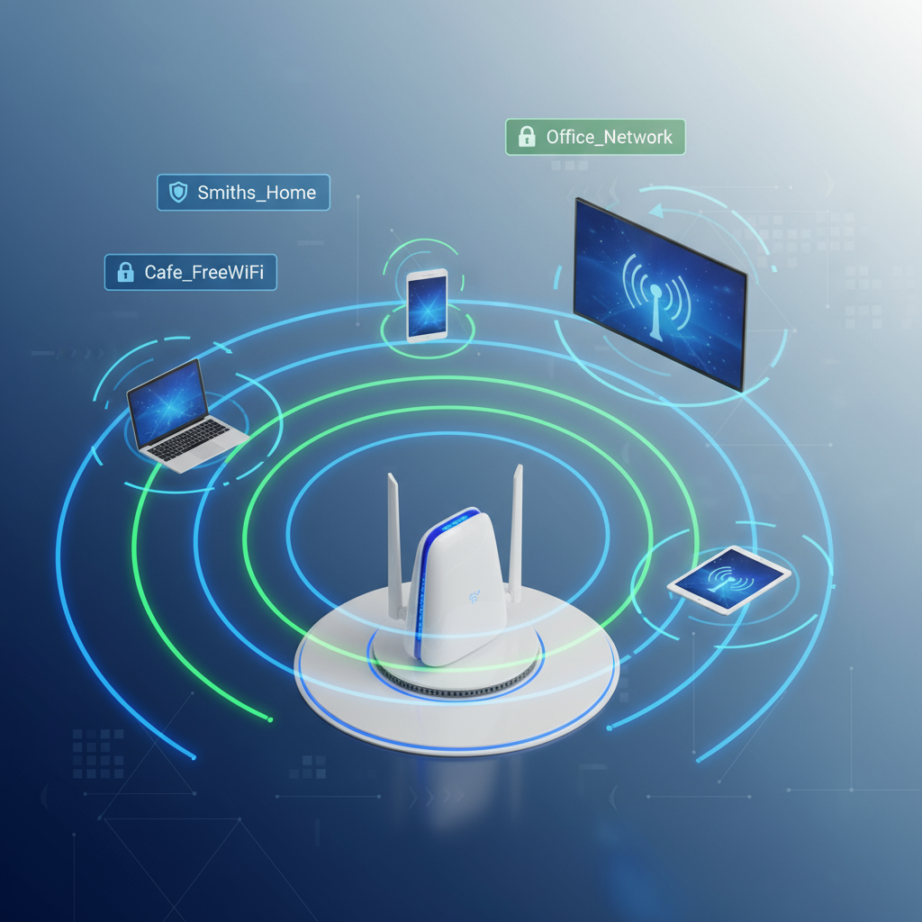 Wi-Fi signals from router with multiple SSIDs and security icons, modern minimalist style.