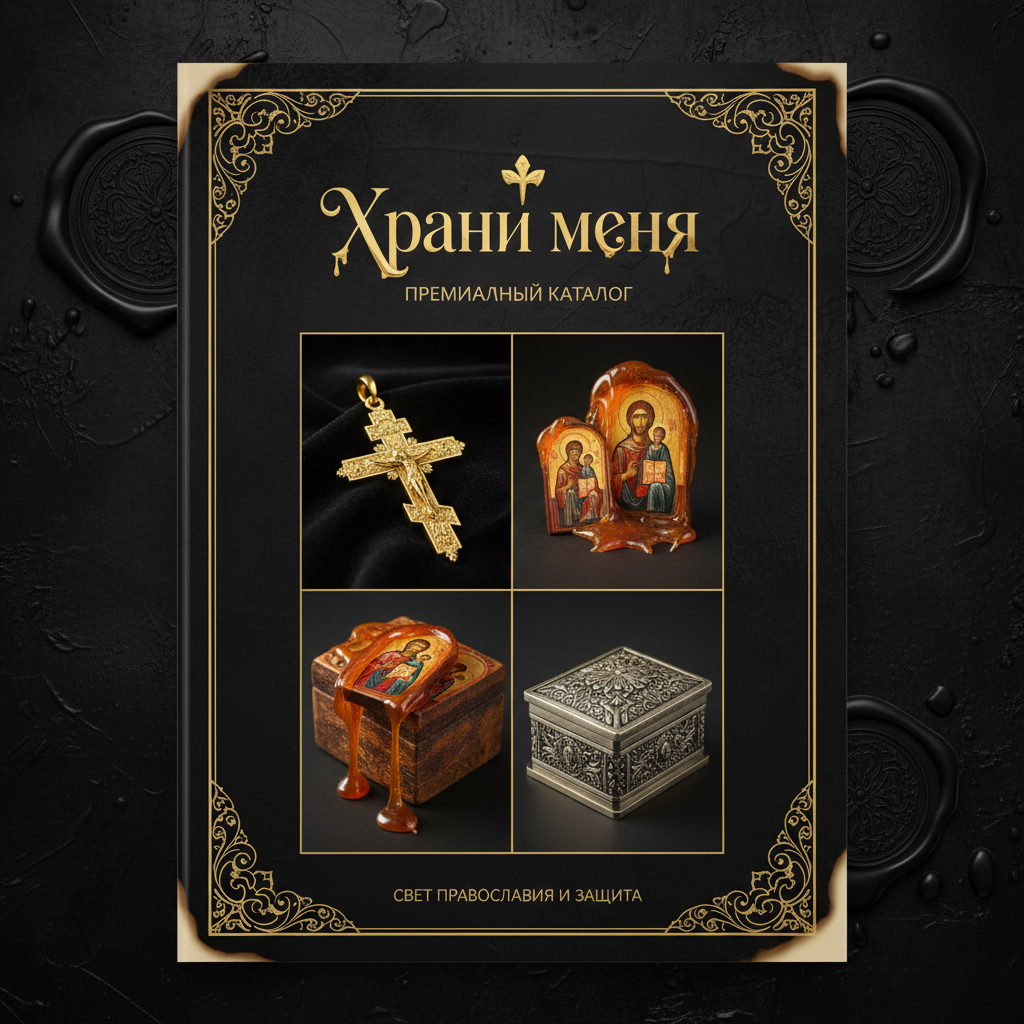 Дизайн премиального PDF-каталога буклета «Храни меня»: черный фон, золото, воск, металл, православный стиль