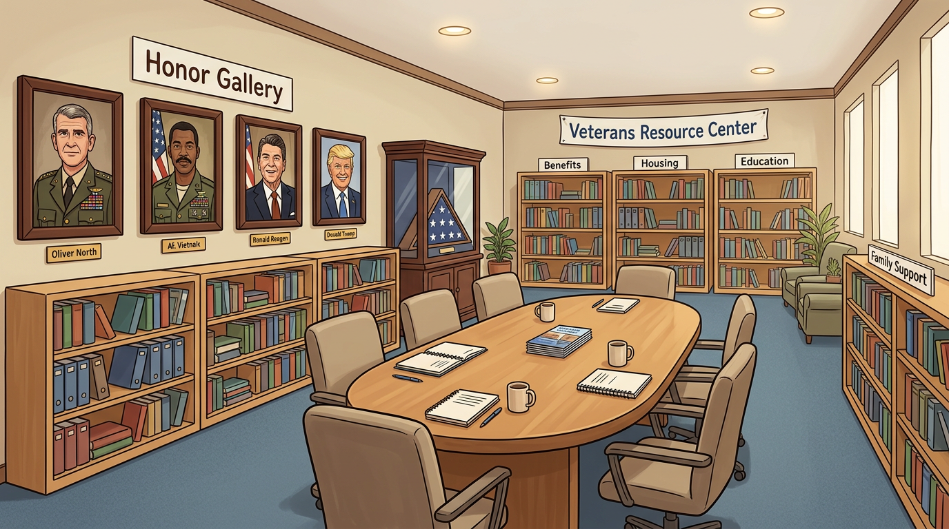 Heaven-Sent veterans resource library with bookshelves, conference table, and portraits of notable veterans and presidents