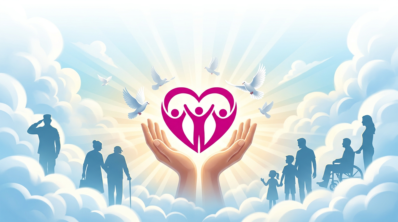 Heaven Sent graphic with heart in hands, doves, and heavenly light
