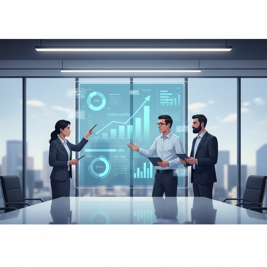 Business professionals collaborating around a large screen displaying AI-powered analytics dashboards with real-time data