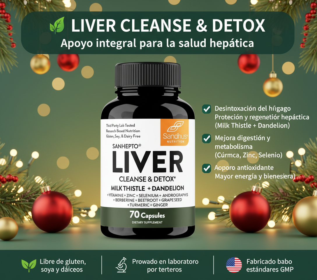 Anuncio navide&ntilde;o llamativo para Liver Cleanse & Detox con beneficios destacados.