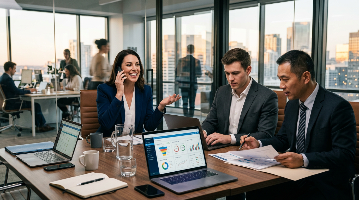 Értékesítési csapat tárgyalás közben modern tárgyalóban