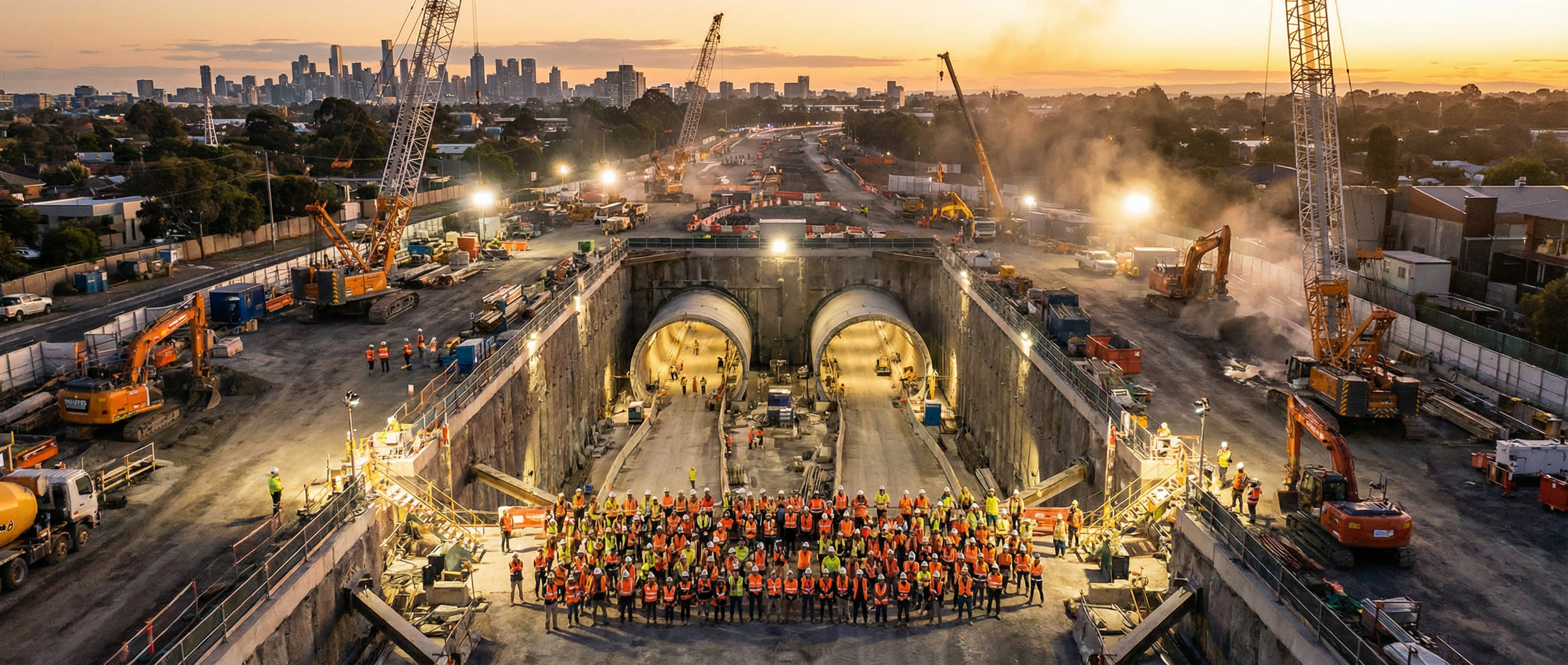 North East Link tunnel construction site at dusk