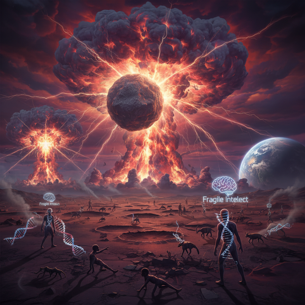 Ilustração conceitual do pico mutacional Holoceno por cataclismo astrofísico na tese de Sodré Gonçalves de Brito Neto.