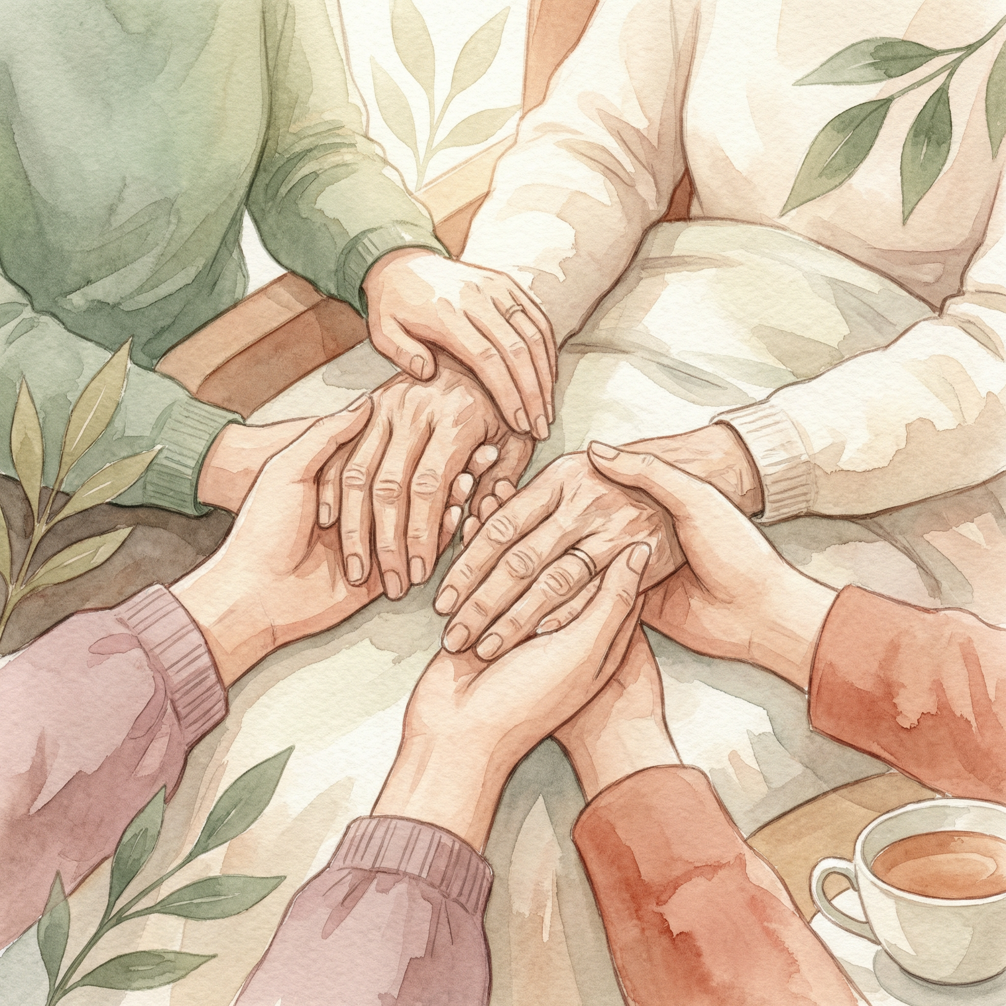 Illustration of three pairs of hands gently holding one another, representing family comfort and support