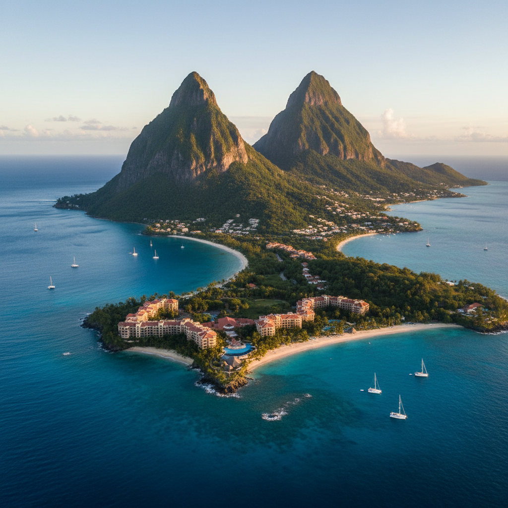 Aerial view of St. Lucia's majestic Pitons and pristine coastline