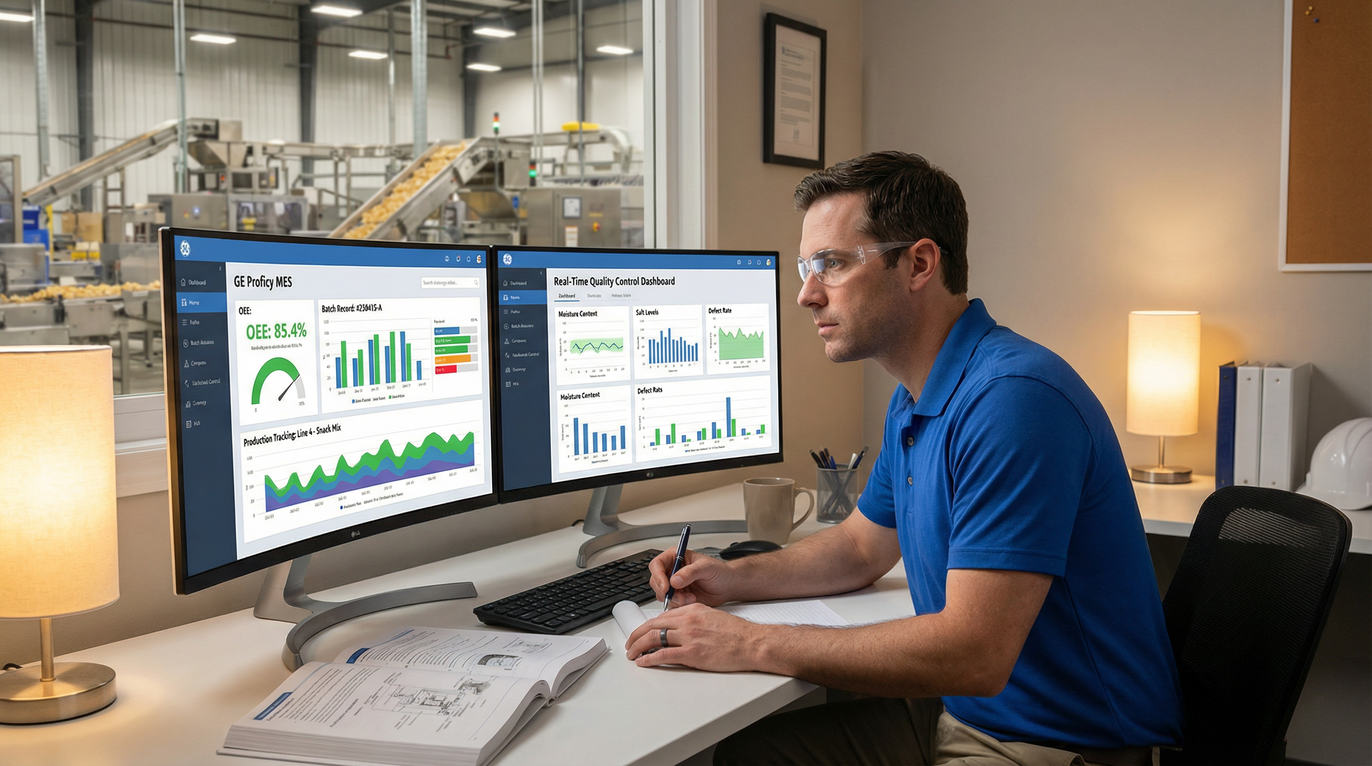 Engineer reviewing Proficy MES dashboard data at a snack food plant