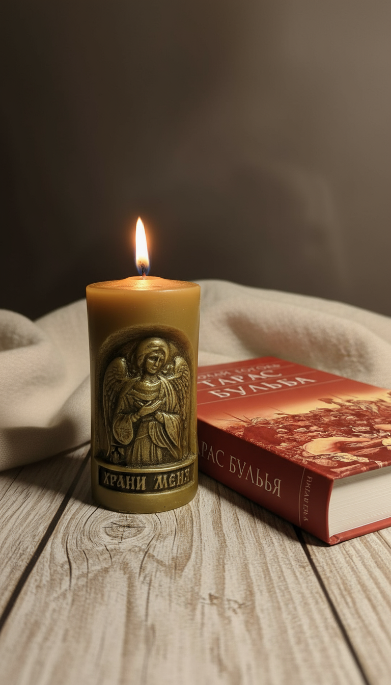 Свеча рядом с книгой, уютная композиция в теплых тонах