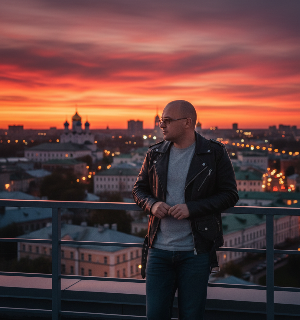 Мужчина на крыше Сергиева Посада в стильной одежде на фоне заката и обычного огня.