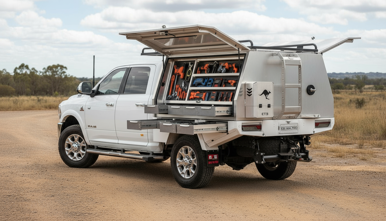 Clear HD version of aluminium ute toolbox and tools, 480x480 format.