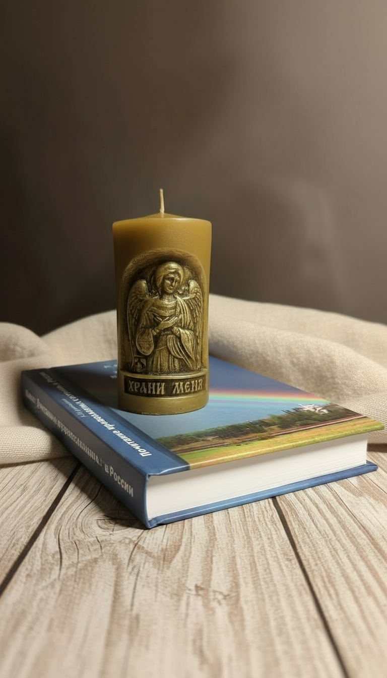 Свеча рядом с книгой 'Почитание православных святынь в России'