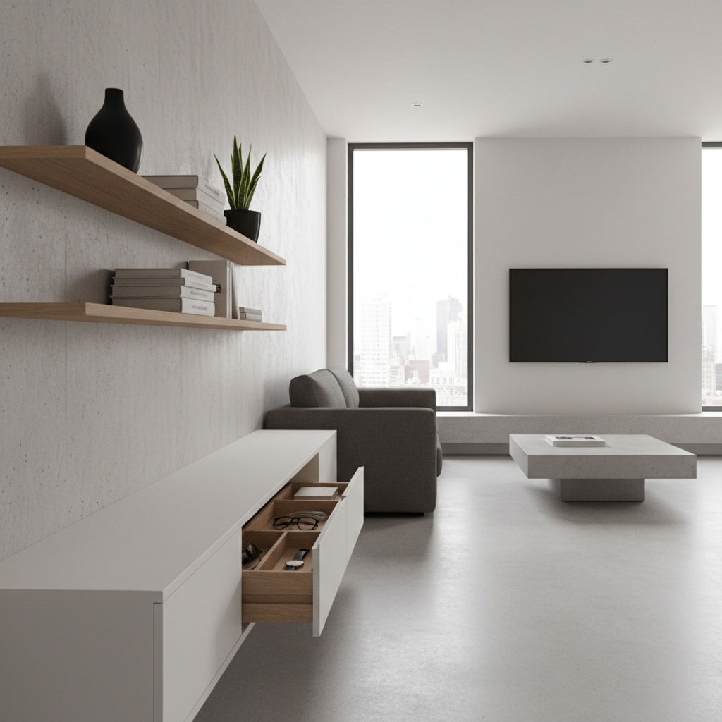 Interior masculino minimalista con repisas flotantes y organizadores
