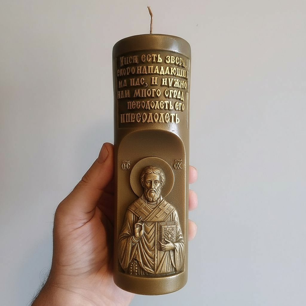 Свеча с изображением святого из иконы вместо ангела.
