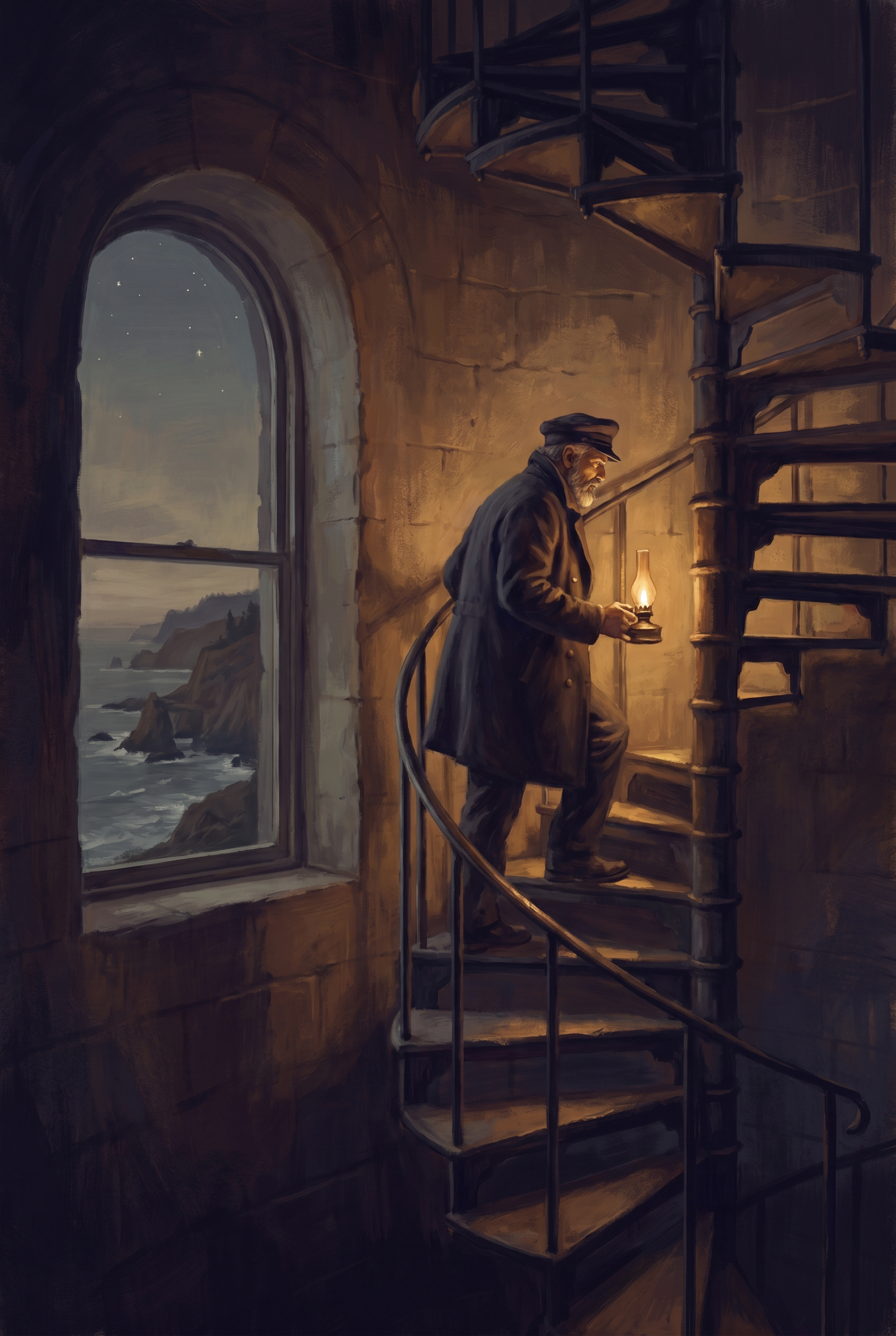 Editorial illustration of a lighthouse keeper ascending a spiral iron staircase at dusk carrying an oil lamp, with the Oregon coast visible through a narrow arched window