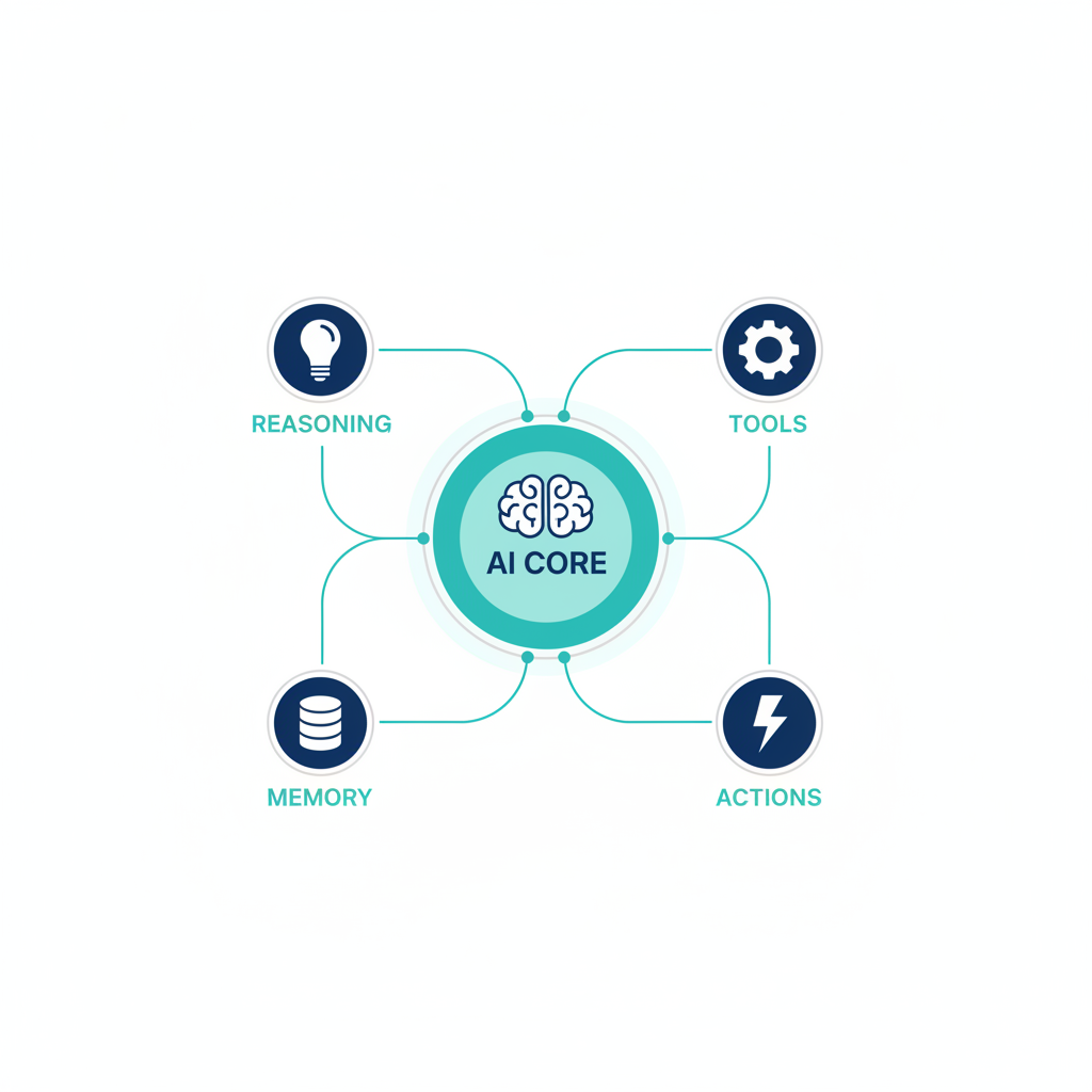 Core components of an AI agent - reasoning, memory, tools, and actions