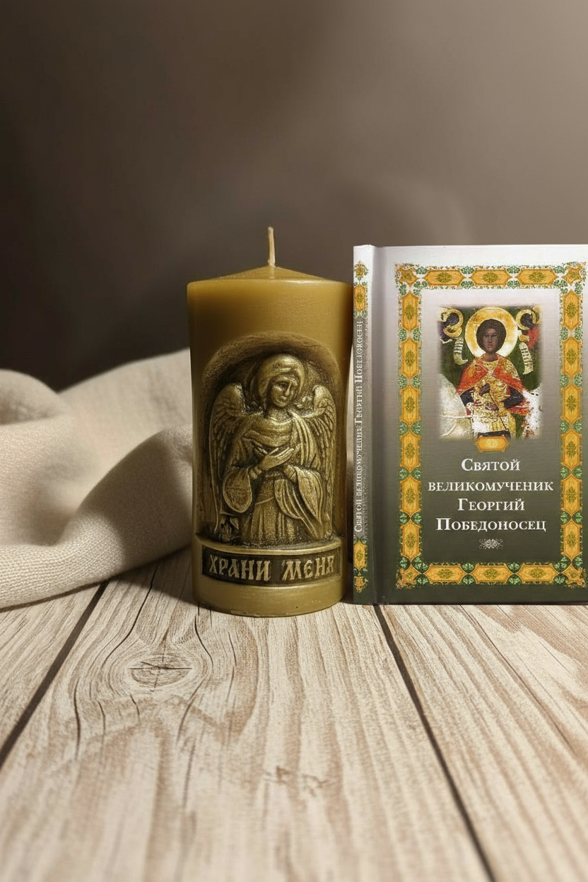 Свеча рядом с православной книгой в русском стиле