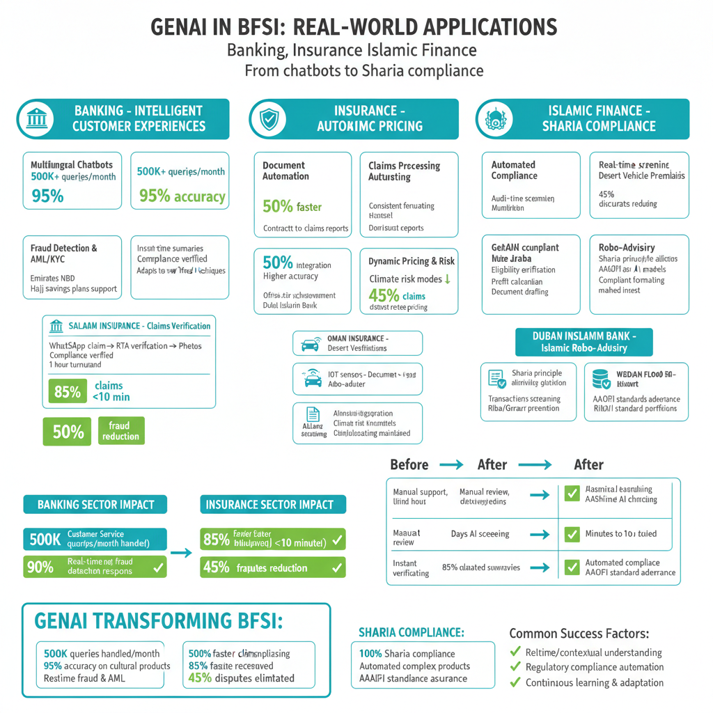 GenAI Transformative Applications in BFSI: Banking, Insurance, Islamic Finance with Real-World Case Studies