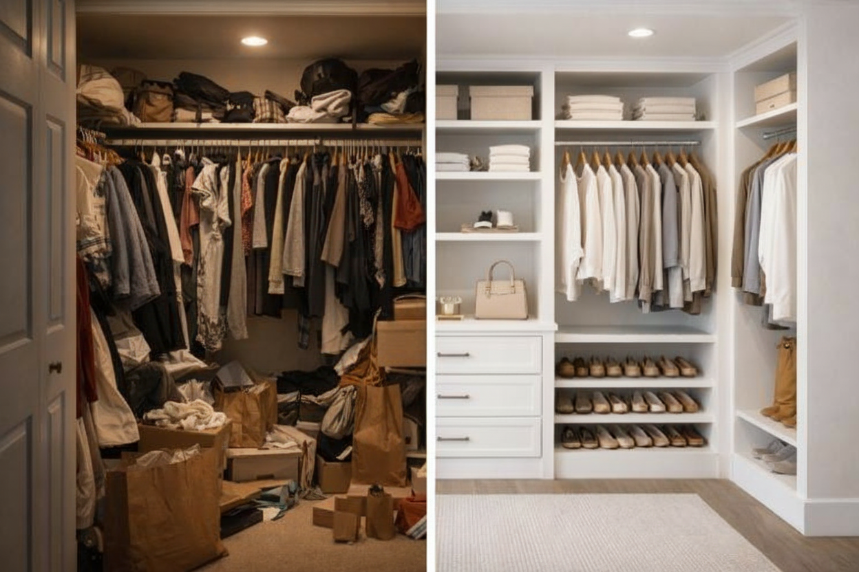 Before-and-after organized bedroom closet comparison