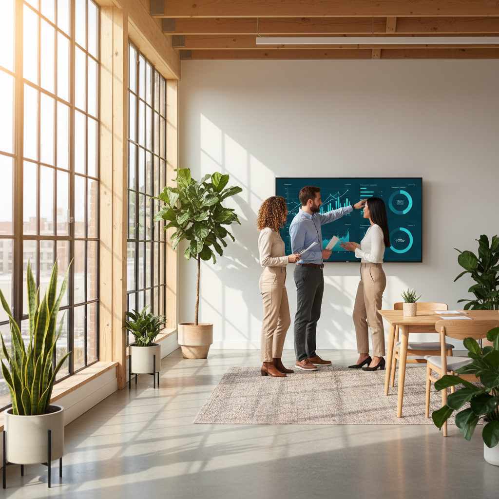 Small business team reviewing analytics dashboard with AI-powered data visualizations