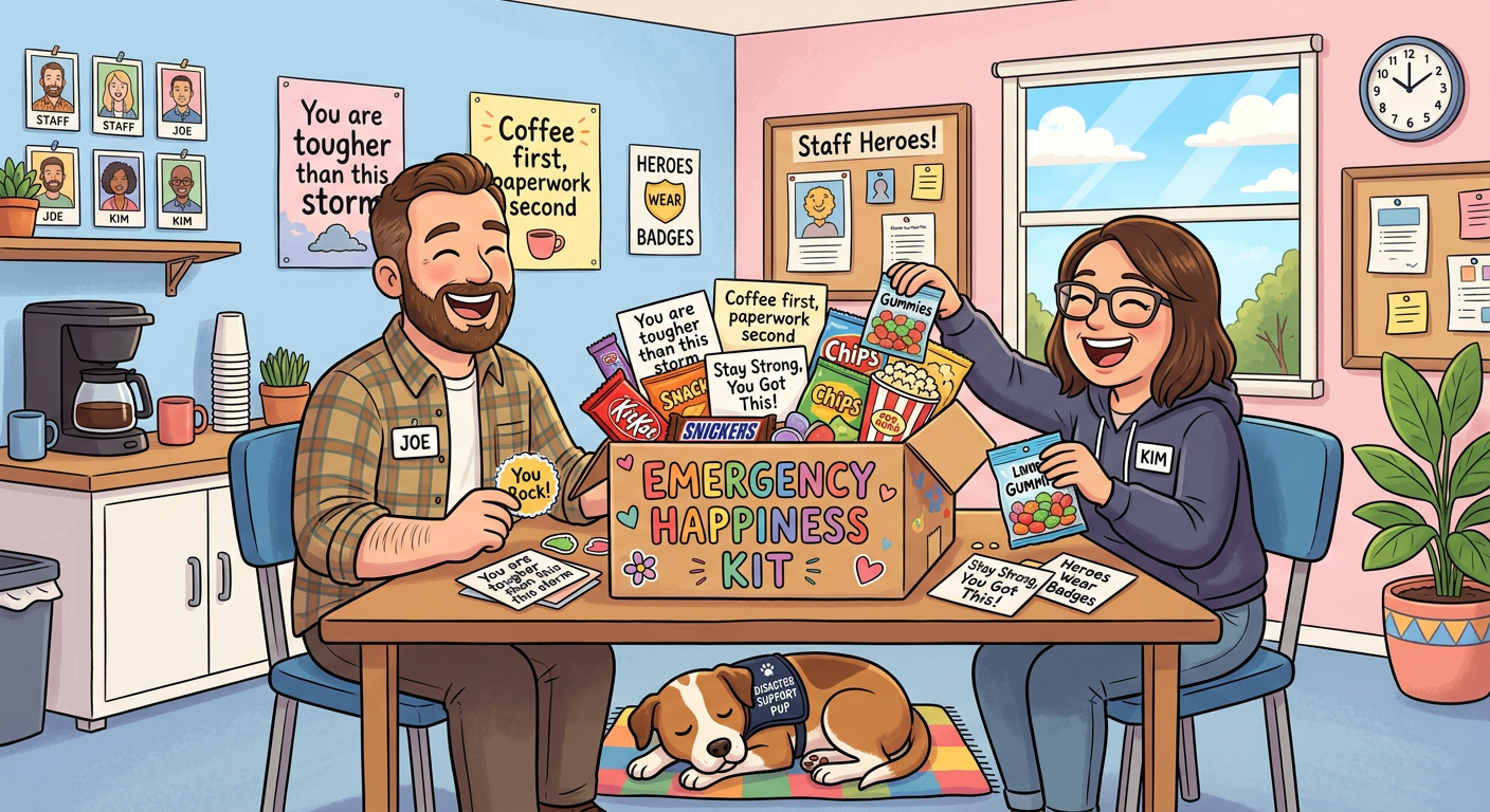 Cartoon Heaven-Sent break room with Joe, Kim, Emergency Happiness Kit, and Disaster Support Pup.