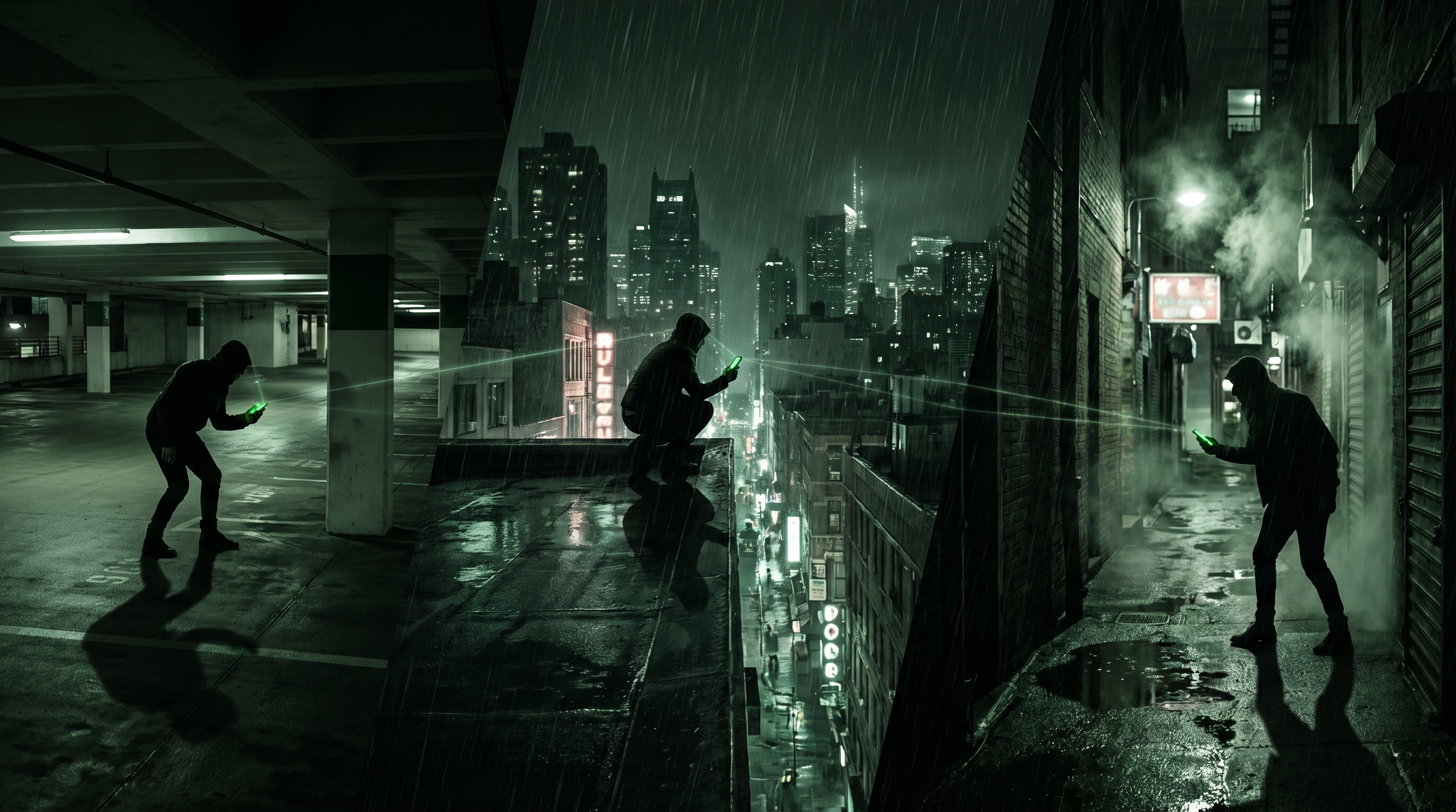 Operatives spread across a rain-soaked city at night, connected by mesh radio signals