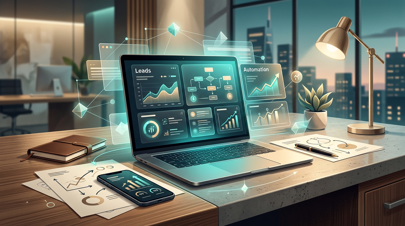 Editorial digital marketing visual with dashboards, automation, and growth metrics