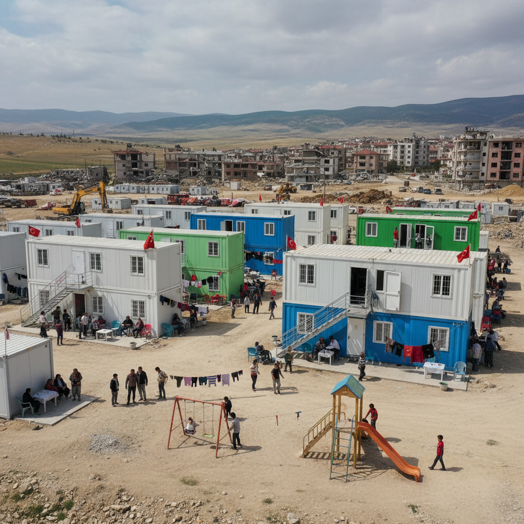 Families living in temporary container housing while their communities rebuild